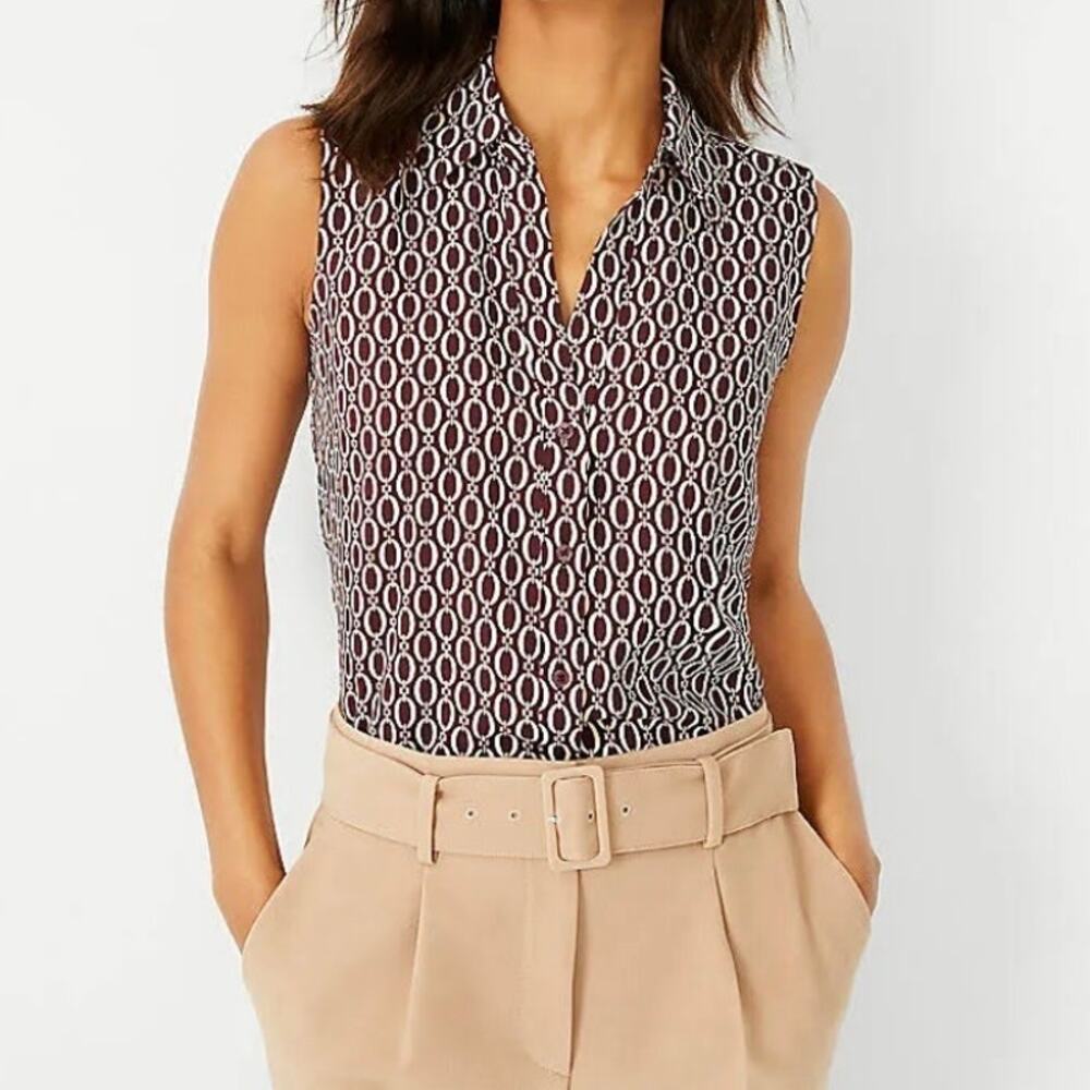 Ann Taylor wine/cream/beige design sleeveless button down (Medium)